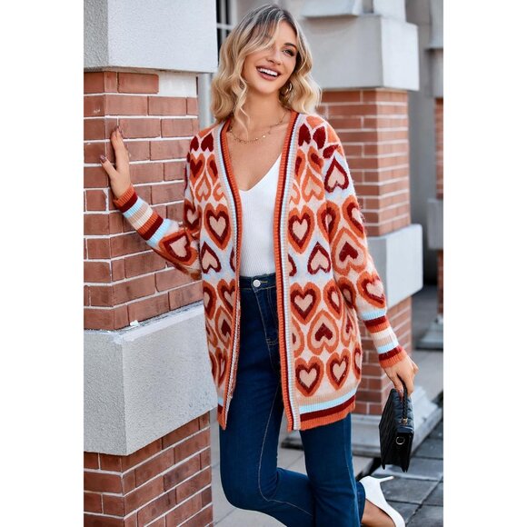 Chunky Heart Cardigan Sweater for Women Long Open Front Color Block Cozy - Picture 4 of 6
